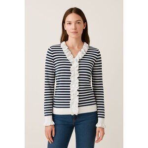 Anne Fontaine Blue & White Striped Ruffle Cotton Blouse Size 38 M